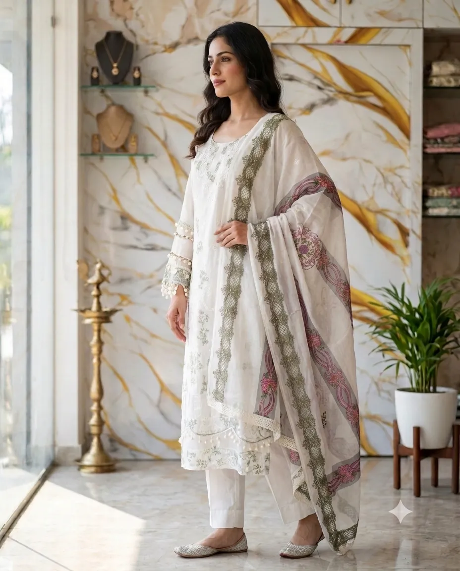 White Pakistani Concept Suit - Image 2