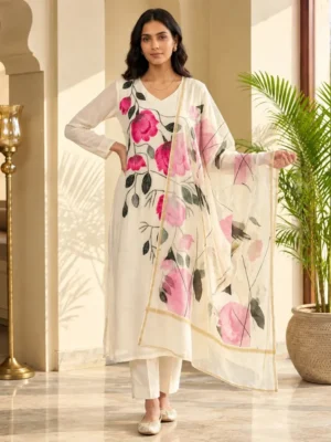 White Pure Chinon Suit with Pink Digital Print & Cutdana Handwork